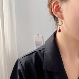 Allereya Vintage Ruby Crystal Earrings Teardrop Ruby Drop Earrings Red Gemstone Dangle Earrings Silver Chunky Irregular Hoop Stud Earrings Jewelry for Women and Girls