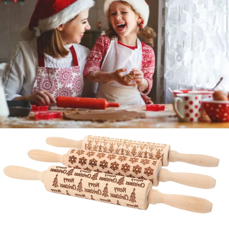 3Pcs Wooden Embossed Rolling Pin Cute Christmas Pattern Engraved Embossing