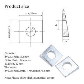 ZORZA 20Pcs 1/2" Beveled Square Washer Carbon Steel Galvanized for Mechanical Equipment Leveling Shims Wedge Shaped Washers Multipurpose Fit for 1/2” Bolt Applications