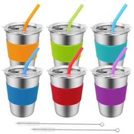 Vasos para niños a prueba de derrames con popotes y tapas, vaso de acero inoxidable de 12 onzas, paquete de 6 vasos de agua irrompibles, taza de metal reutilizable sin BPA para niños pequeños, interiores, exteriores