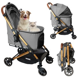 Neatki Foldable Pet Stroller for Dogs and Cats, 70 lbs Capacity, 360° Swivel Front Wheels, One-Click Fold, Brake System, Leash & Lock Clips, Removable Washable Padding, and Cup Holder (Gray, 70 lbs)