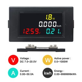 KETOTEK DC 7-20V 50A Power Meter Battery Monitor Digital Multimeter Panel Kwh Volt Amp Watt Meter Power Energy Monitor DC Current Voltage Meter with 50A Shunt