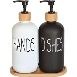 Glass Soap Dispenser Set, Hand Soap and Dish Soap Dispenser with Bamboo Tray. Vintage Soap Dispenser with Pump for Kitchen Sink and Bathroom. Stylish Permanent Labels (Matte Black&White)