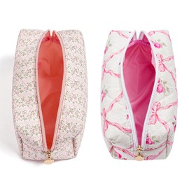 Gleyemor 2 Pieces Quilted Makeup Bag, Cute Floral Cosmetic Bag for Women, Cotton Make Up Bag Set, Flower Travel Toiletry Bag Tote Bag Organizer (Pink Floral+ Pink Rose)