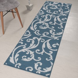 Custom Length, Non Slip Modern Floral Carpet Runner Rug Mat for Entry Hallway Kitchen Laundry, 26 inch x 15 feet, Blue