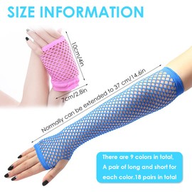 18 Pieces 9 Pairs Fingerless Fishnet Neon Gloves, Fishnet Fingerless Glove Accessory, Fingerless Gloves Assorted Neon Colors, 9 Colors, X-Large