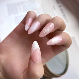 24 PCS Spring Summer Press on Nails Naked Pink White Short Almond Fake Nails Flower Tips Acrylic Nail Art Kit Glue on Nails Full Cover False Nails Cute 3D Bronzing Star Stick on Nails Kit for Women