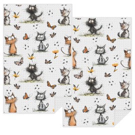 2 Pcs Cute Cat Kitchen Towels, Butterfly & Flower Absorbent Microfiber Dish Cloth Tea Towel, Waffle Soft Hand Towels for Farmhouse Home Bathroom Kitchen Decor, Cat Lover Gifts