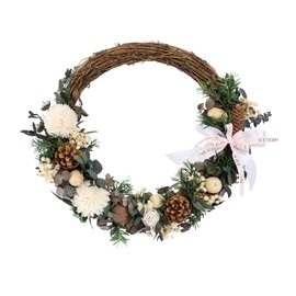 14 Inch Front Door Wreath - Natural Pinecone Acorn Wooden Mango Wreath with Rattan Base, Rattan Balls & Sola Wood Flower Design for Thanksgiving,Christmas,Wedding and Party Decor(AutumnHarvest)