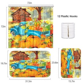 Arttown Watercolor Autumn Landscape Bathroom Sets with Shower Curtain and Rugs and Accessories, Truck with Harvest Pumpkin, Vintage Fall Shower Curtain Set Bathroom Decor 3 Pcs