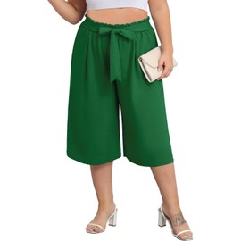 Lastshe Women's Plus Size Cropped Wide-Leg Pants with Pockets Lightweight High Waisted Adjustable Tie Knot Casual Palazzo Trousers Pants,Green,3X