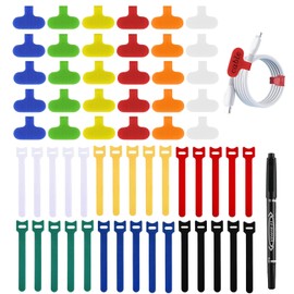 60 Pack Cable Labels & Cord Organizer Kit – Color-Coded Write-On Wire Labels with Marker + 30 Ties for Home Office Electronics Cord Management