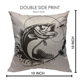 VERSUSWOLF Throw Pillow Covers Black Walleye Fishing Bass Fish Club Emblem White Jump Lure Cotton Linen Decorative Square Pillowcases Cushion Cover 18 X 18 Inch