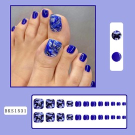 Press on Toenails with Smudge Designs, Artificial Dark Blue Fake Nails for Toe, Full Cover Glossy Coffin Acrylic False Nails, Glue on Toenails with Charm, Stick on Toe Nails for Women Girls(B1531)