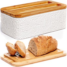 Engraved Ceramic Bread Box for Kitchen Countertop - Multipurpose Bread Storage Container with Thick Bamboo Cutting Board Lid - Elegant Bread Bin with Nature-Inspired Engraving - 13.8" x 7.9" x 5"
