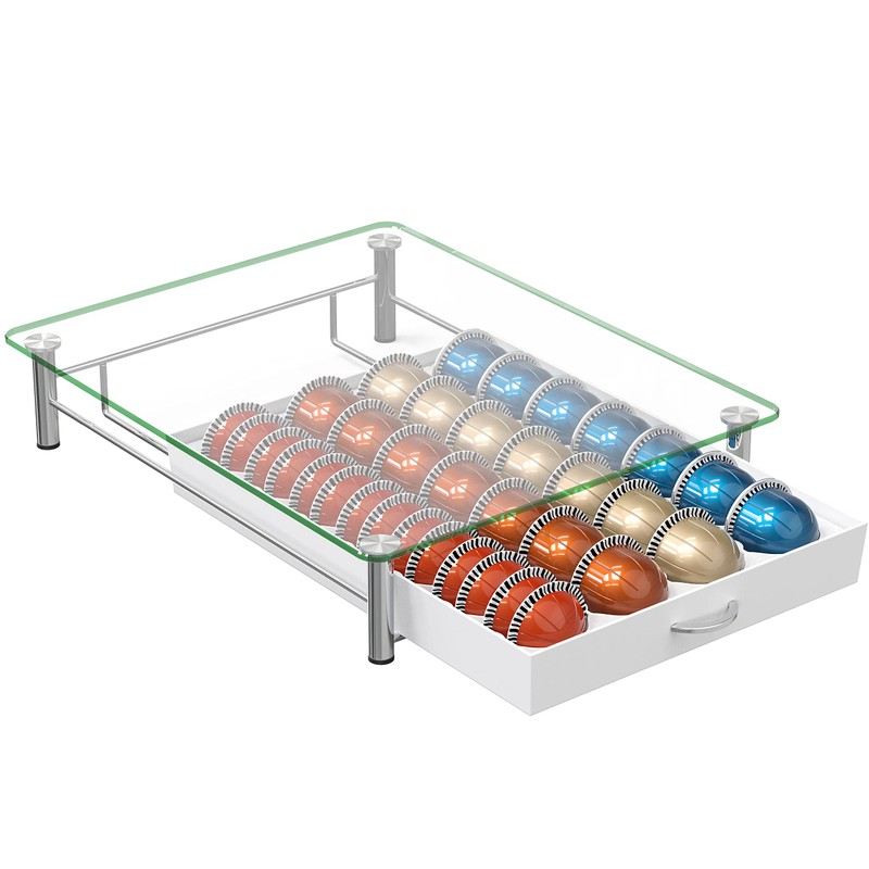 DecoBrothers Crystal Tempered Glass Vertuo Pod Holder Drawer, 28 Large