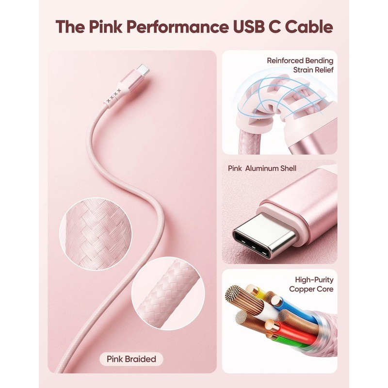 USB C Cable 15FT 2-Pack,Pink USBC 60W Fast Charging for