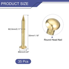 uxcell 35Pcs Small Tiny Nails 2.8x30mm(DxL) Tiny Brass Nails Hardware Round Head Brass Nail for Wooden DIY Projects Decorative Boxes Household, Brass Tone