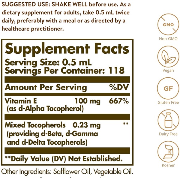 Solgar Liquid Vitamin E (with dropper), 2 fl. oz. - Antioxidant, Skin & Immune Support, Overall Health - Natural, Liquid Vitamin E - Non-GMO, Vegan, Gluten Free, Dairy Free, Kosher - 118 Servings