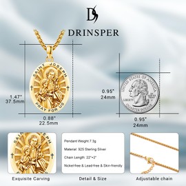 DRINSPER St Joseph Medal Necklace for Men Women 925 Sterling Silver San Jose Patron Saint Joseph Pendant Religious Amulet Protection Jewelry Father's Day Graduation Gifts