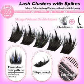 Lash Clusters Kit with Spikes, Eyelash Clusters Extensions Individual D Curl Fluffy Wispy False Eyelashes 12-22mm DlY Manga Lashes Extension Kit (80D+100D Lash Clusters Kit with Spikes)