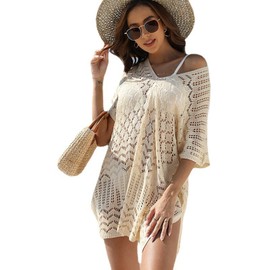 Beach Cover Up for Bathing Suit Women V Neck Swimwear Short Sleeve Crochet Dress (beige)