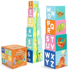 boppi Baby Stacking Blocks Dinosaur Toys with Letters and Numbers, Montessori Cubes for Toddlers, Preschool Learning Toys