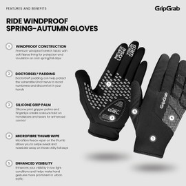 GripGrab Ride Windproof Spring Fall Gel Padded Bicycle Gloves Thermal Cycling Gloves Cold Weather Thin Winter Cycling Gloves