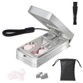 Pill Cutter for Small and Tiny Pills, Professional Aluminum Pill Splitter with Auto Centering Device and 2 Replaceable Stainless Steel Blades, Portable Pill Splitter with PU Case (Silver)