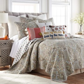 Levtex Home - Kassandra Quilt Set - King Quilt (106x92in.)+ Two King Pillow Shams (26x20in.)- Medallion - Taupe, Beige, Cream, Teal, Red and Green - Reversible - Cotton Fabric