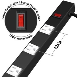 ANKO 12-Outlet Heavy Duty Workshop Metal Power Strip; 15-Foot Long Extension Cord; Mounting Brackets Included; ETL Certified (Black)
