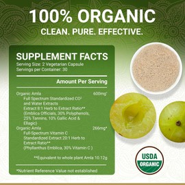 Organic Amla Capsules – Vitamin C | USDA Organic Certified | Whole Food Plant Based Vitamin C | Amalaki Supplement | Derived from Amla Fruit | Indian Gooseberry | Vegan | Ayurveda | 60 Amala Pills