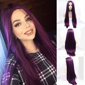Long Straight Purple Synthetic Lace Front Wig Heat Resistant Fiber Middle Parting for Women (24 Inch, Purple/straight)