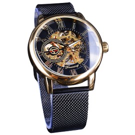 FORSINING Steampunk Watches for Men Hand Wind Watches Retro Design Staem Punk Mechanical Skeleton Wrist Watch Transparent Business Mesh Band Watch (Golden-Black)