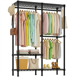 Higeego H18 Garment Rack for Hanging Clothes, 3 Tiers Portable Closet with 2 Hanger Rods, Freestanding Clothes Rack, 44.9" W x 14.6" D x 76.4" H, Max Load 600lbs, Black