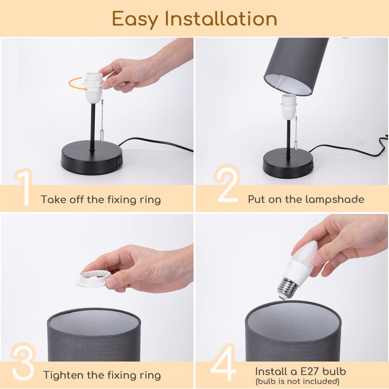 Aigostar Bedside Lamp with 2 USB Charging Ports, E27 Table