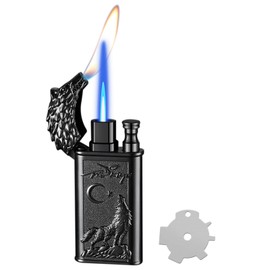 Torch Lighter, Relief Wolf Magic Dual Flame Lighter, Cool Candle Lighters, Creative Windproof Lighter with Adjusting Flame Tool, Refillable Butane Lighter for Outdoor Indoor-Black Wolf