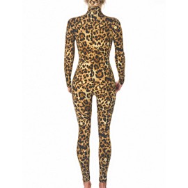 Maeau Women's Jumpsuit One-Piece Long Sleeve Catsuit Leopard Bodycon Jumpsuit Elastic Stand-Up Collar Playsuit Front Zip Bodycon Jumpsuit S-XL, Brown Black