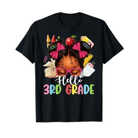 Hello Third Grade Back To School Messy Bun Afro Girl Kids T-Shirt