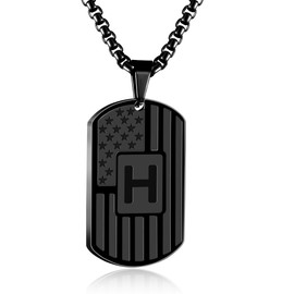 HSWYFCJY Black American Flag Initial Dog Tag Necklace for Men, 24" Stainless Steel Personalized Letter H Dog Tag Pendent Chain Military Patriotic Initial Necklace Gifts for Men Him Husband