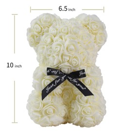 LINKLO Rose Bear Rose Teddy Bear -10 inch Artificial Rose Flower Bear, Gift for Valentines Day, Wedding, Mothers Day and Anniversary, Including Transparent Gift Box (Milky White)