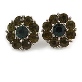 20mm Across/Dark Olive Green Crystal Flower Stud Earrings/Silver Tone Metal