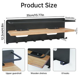 Vookkp Wooden Key Holder with Shelf, Key Rack No Drilling, Wall Mounted Key Holder with 8 Hooks, Decorative Key Holder for Entrance, Hallway, Kitchen, Office, Living Room