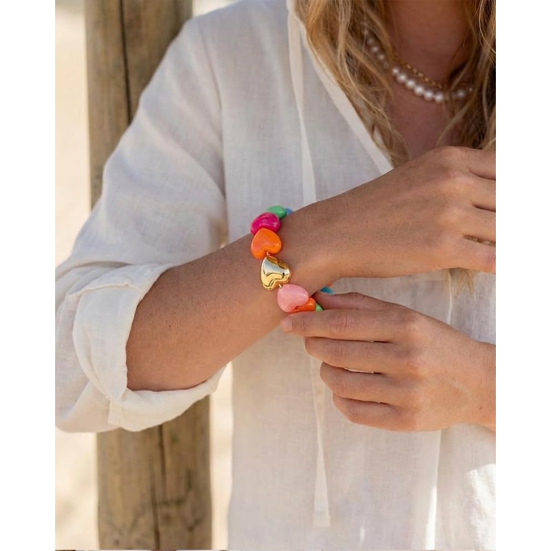 FAUTHENTICUTE Colorful Heart Bead Bracelet for Women with Chunky Gold