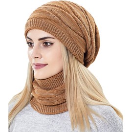 29 IYEBRAO 2 in 1 Womens Slouchy Beanie Hat and Scarf Set Fleece Lined Knit Ski Hat Winter Warm Cap and Neck Warmer for Girls (Khaki)