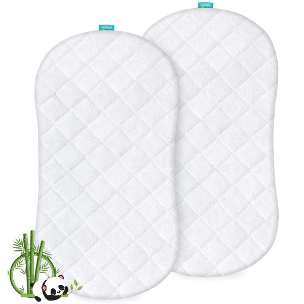 Bassinet Mattress Pad Cover, Waterproof, Ultra Soft Bamboo Viscose Terry Surface, Universal Fit for Hourglass/Oval Bassinet Mattress, 2 Pack, Washer & Dryer, No Loosen and Pre-Shrinked