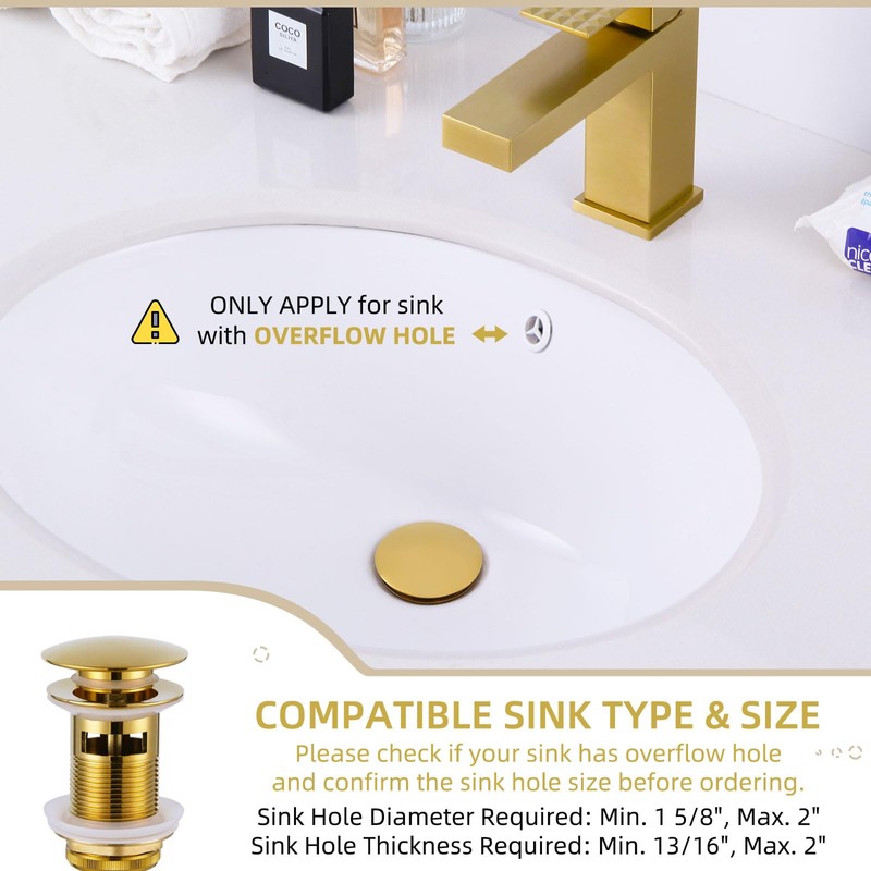 Angle Simple Bathroom Sink Drain Stopper Glossy Deep Gold Color,