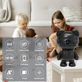 3K-Cute Bear-Pet Robot-Wireless Security-Camera for Indoor-Home Use,2.4G/5G WiFi Smart Monitoring Baby Tracking With Phone App Control,Pan/Tilt,Full HD Night Vision 24/7recording ,2-Way Talk (black)
