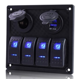 GGTA 4 Gang Waterproof Marine Boat Rocker Switch Panel with 3.1A Dual USB Charger 15A Fuse, 12/24V Blue Indicator Light Used for RV Car Truck Rv Vehicles Yacht