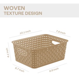 Khaki Stackable Storage Baskets, Plastic Weave Basket Organizer and Storage Set of 12, Pantry Organizing Baskets for Shelves, Kitchens, Bathrooms, Classrooms, Cabinets and Bedrooms